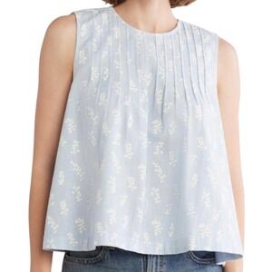 Melrose and Market Blue Floral Pintuck Sleeveless Cotton Flowy Top Size Small